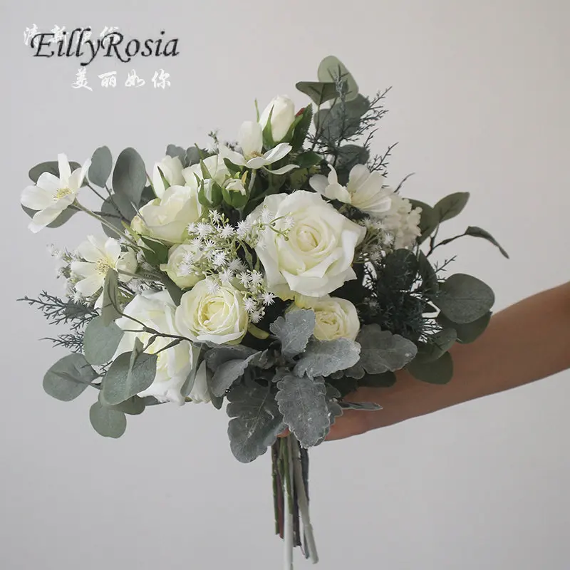 EillyRosia-ramo de Novia verde y blanco, para Novia, dama de honor Artificial, con flores de Boda, Ramos de Novia