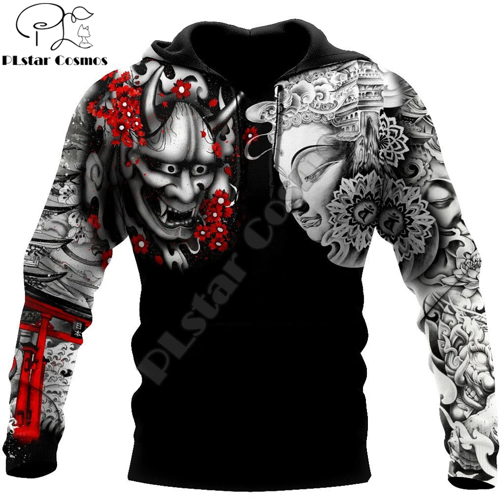 Buddhism and Oni Mask Tattoo 3D All Over Printed Men's Hoodie & Sweatshirt Autumn Unisex Zip Hoodies Casual Streetwear KJ793