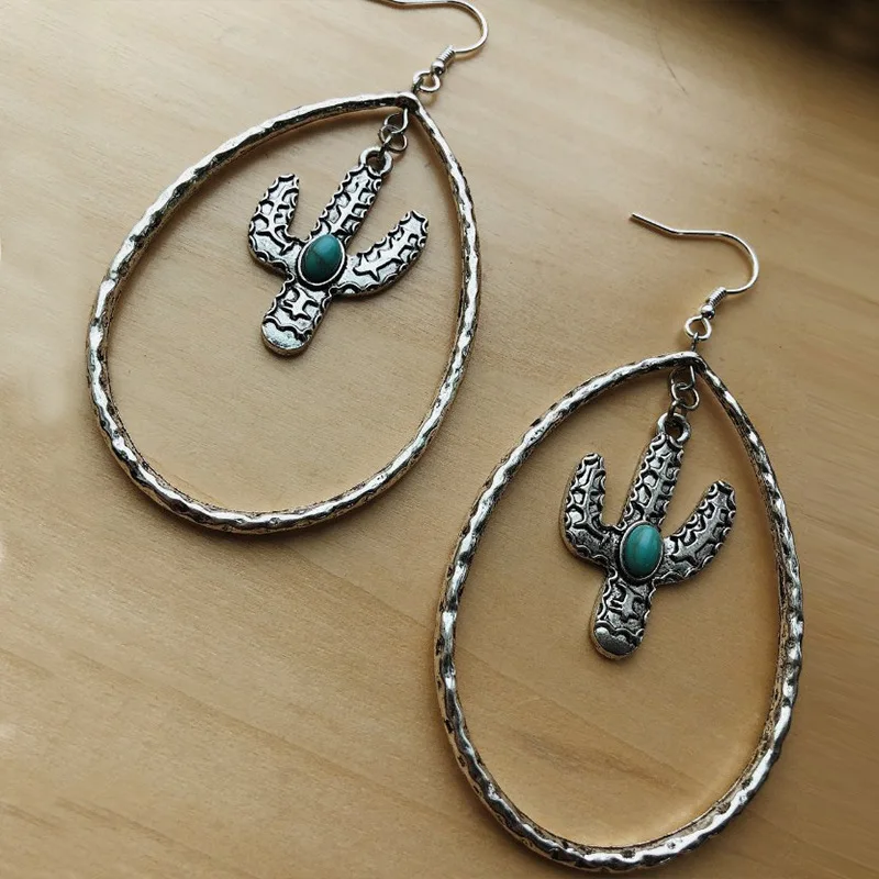 2021 Wholesale New Retro Water Drop-shaped Hollow Earrings Cactus Turquoise Earrings for Women Girl Gift