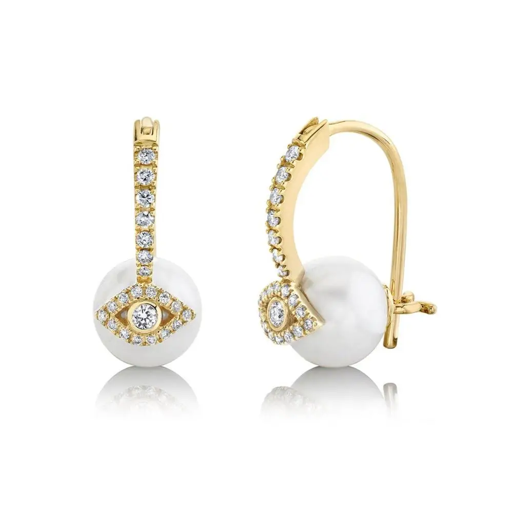 Cuentas de perlas de mar frescas blancas, bolas de perlas redondas, micro pavé cz, encanto de ojo evi, nuevo pendiente de Aro para niña y mujer