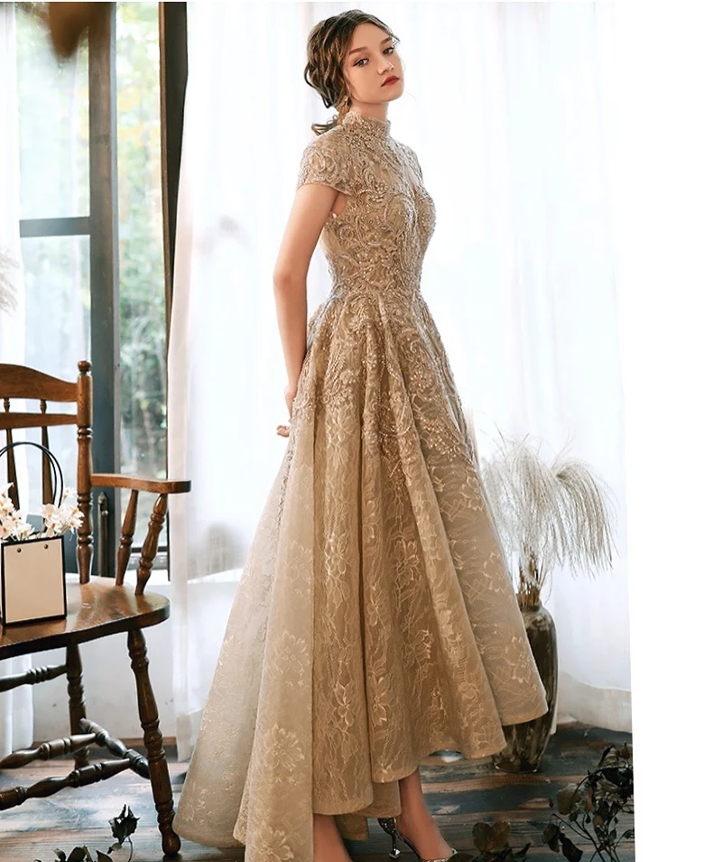 Robe de Soirée Longue en Dentelle à Manches Courtes, Tenue Luxueuse, Élégante, Perlée, Col Haut, Ligne A, Mariage, Bal de Célébrité, Quelle que soit