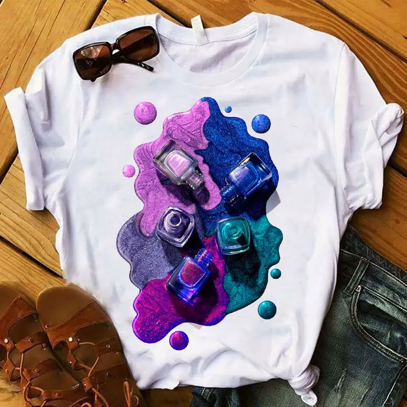 

2020 Women's T-shirt 3D Finger Nail Print Bottle Short Sleeve Tops Female Tshirt Design Print Streetwear Tops Short Clothes