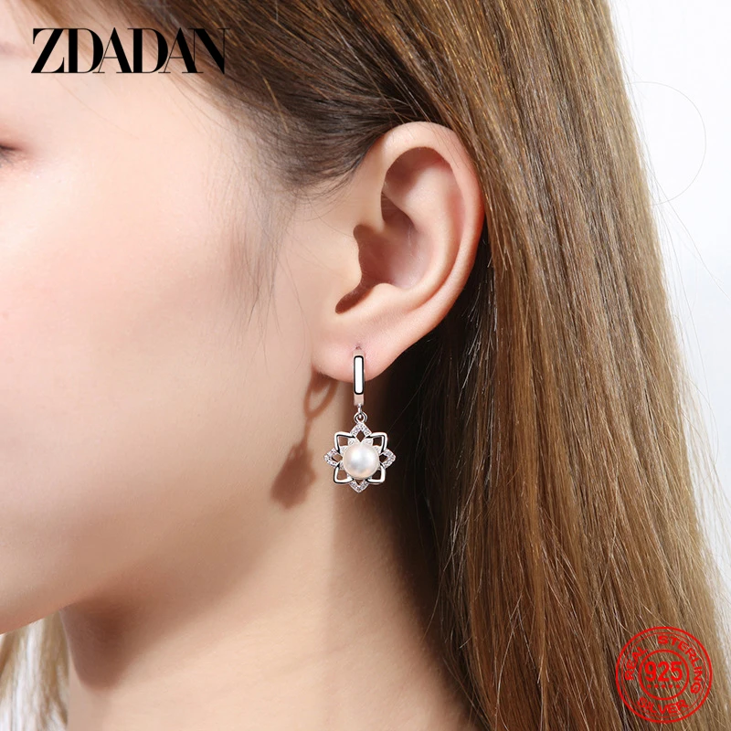ZDADAN 925 Sterling Silver Vintage Floral Pearl Drop Earrings For Women Fashion Wedding Jewelry Gift