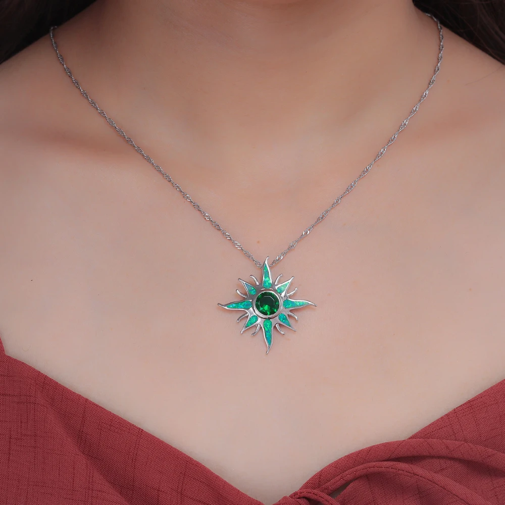 CiNily Starburst Fire Opal Stone Large Dangle Pendant Silver Plated Solar Orange Garnet Sun Charm Luxury Jewelry (With Necklace)