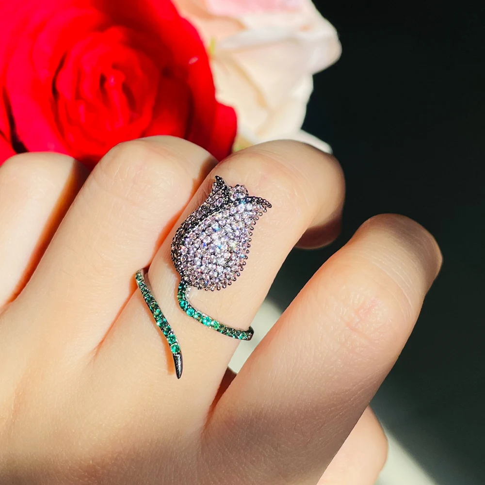 BeaQueen Charming Tulip Flower Adjustable Open Rings for Women Fashion Pink Green Cubic Zirconia Christmas Day Jewelry Gift R114