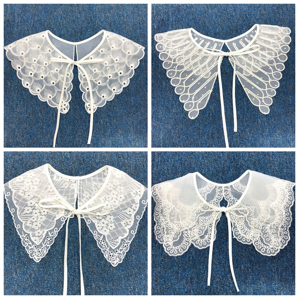 Women Girls Chiffon Lace Fake False Collar Decorative Double Layer Ruffles Embroidery Choker Blouse Shawl Bowtie