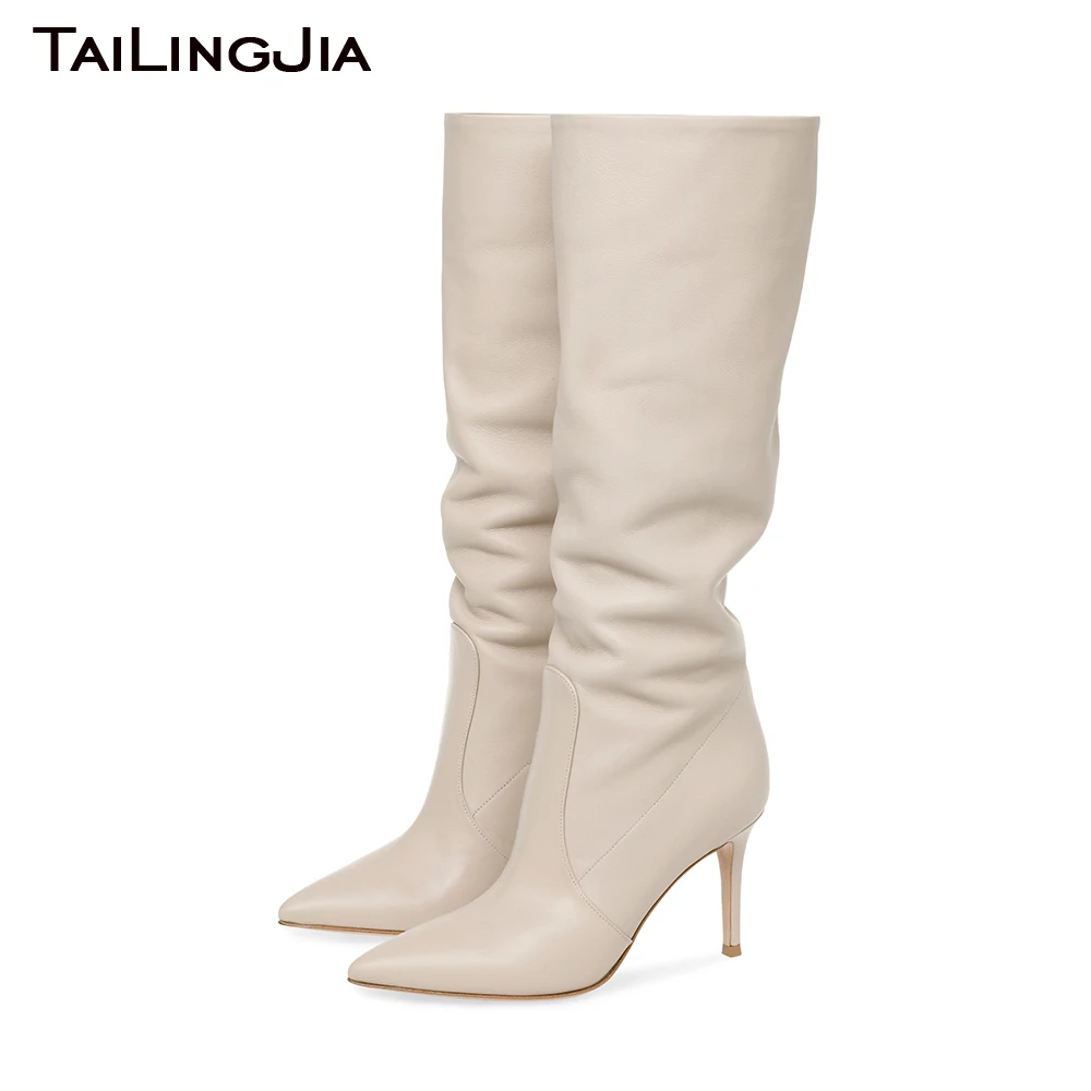 Slip-On Knee High Boots for Women 2024 Winter Shoes Ladies Stiletto High Heel Beige PU Leather Black Long Boot Large Size Shoe