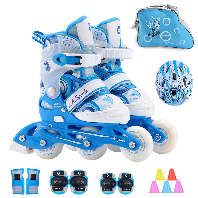 One Line Roller Skates for 3~10 years old Kids Inline Skate Roller Skating Shoes Helmet Knee Protector Gear Adjustable