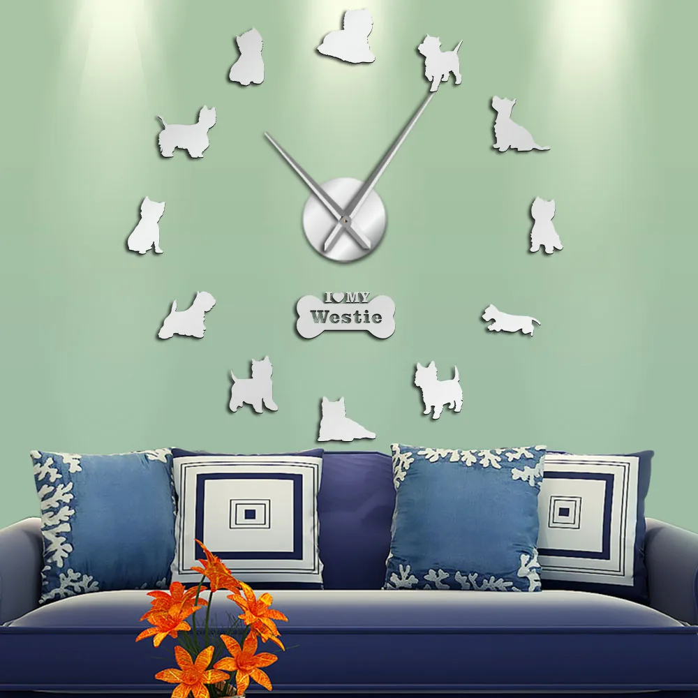 West Highland White Terrier DIY gigantyczne ściany lustro zegarowe efekt akrylowe ściany sztuki pies kocham moje Westie długie ręce zegar ścienny