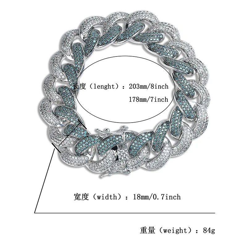 18MM Two Tone Green White AAA+ CZ Zircon Bling Ice Out Round Cuban Miami Link Chain Bracelets for Men Hip Hop Rapper Jewelry