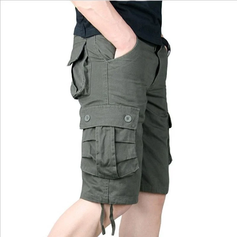 Summer Men\'s Casual Cotton Cargo Shorts Overalls Long Length Multi Pocket Hot breeches Military Capri Pants Male Cropped Pants