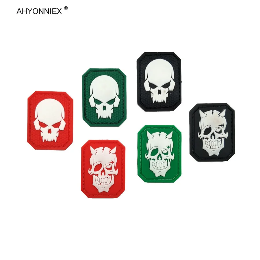 AHYONNIEX 1 Pc High Quality 3D Crossbones Demon Skull Luminous PVC Armband Epaulettes Clothing Soft Plastic Sticker Patch DIY