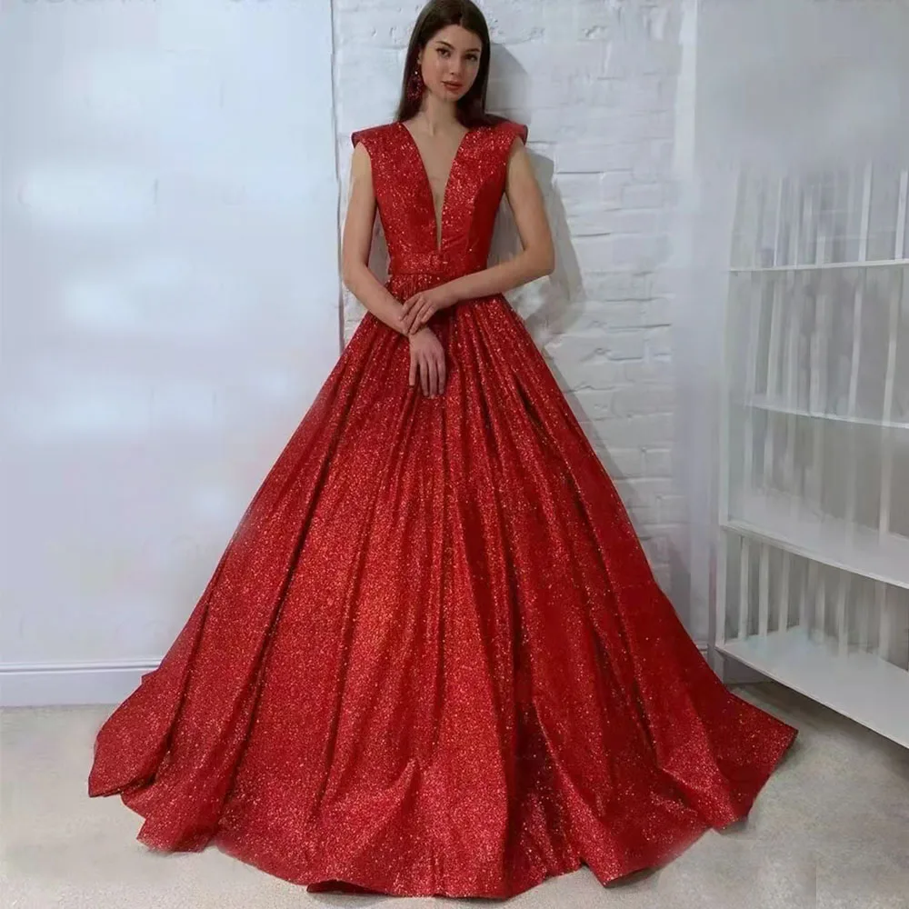 

Shinny Red Sequins Cocktail Dresses Deep V Neck Short Cap Sleeves Prom Evening Gown Backless Sash vestidos de fiesta robes de