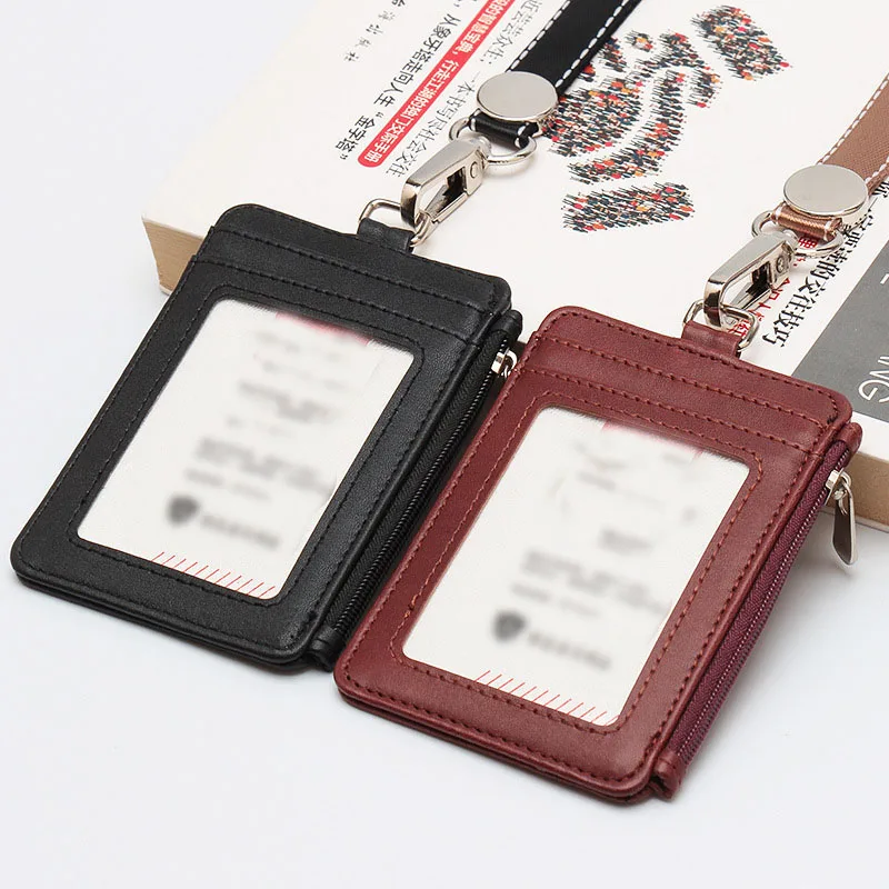 

Leather Card Holder Employee Name Work Permit Card Badges Zipper Retractable Business ID Card Holder Student Access Card Case