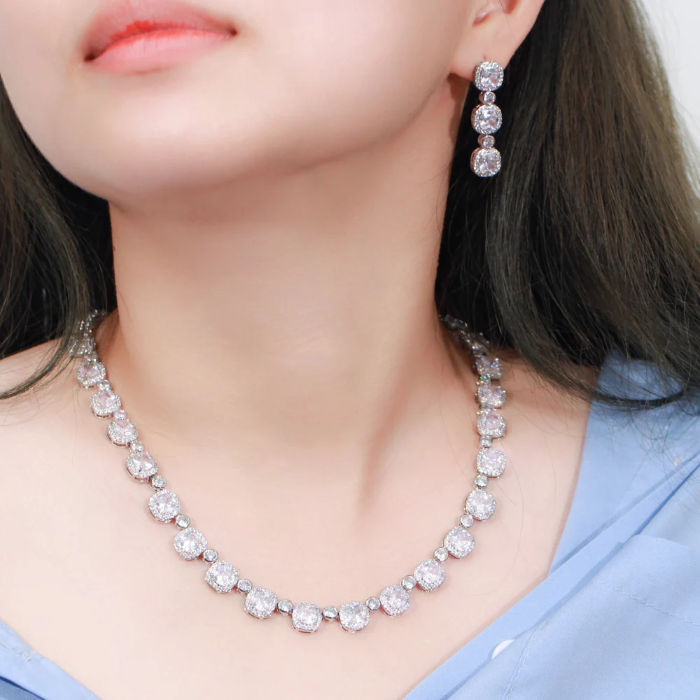 CWWZircons Luxury Shiny Square Cubic Zirconia Women Gold Color Wedding Necklace Earrings Bridal Party Dress Jewelry Sets T0783