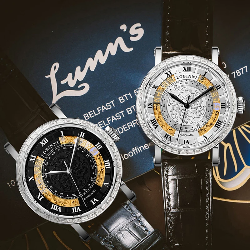 LOBINNI Orologio meccanico da uomo di marca di lusso Calendario Orologio da polso maschile impermeabile Cinturino in pelle Orologio automatico in vetro zaffiro