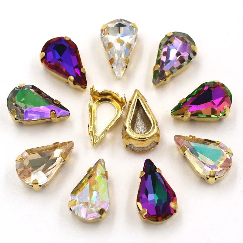 8X13mm High Quality Teardrop Shape Glass Crystal Stones Sewing Golden Claw Setting Rhinestones For Clothing/Crafts