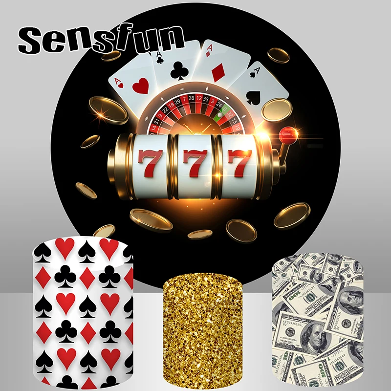 

Sensfun Adult Birthday Party Round Backdrop Cover Casino Playing Card Theme Circle Photography Background Custom Plinth Covers