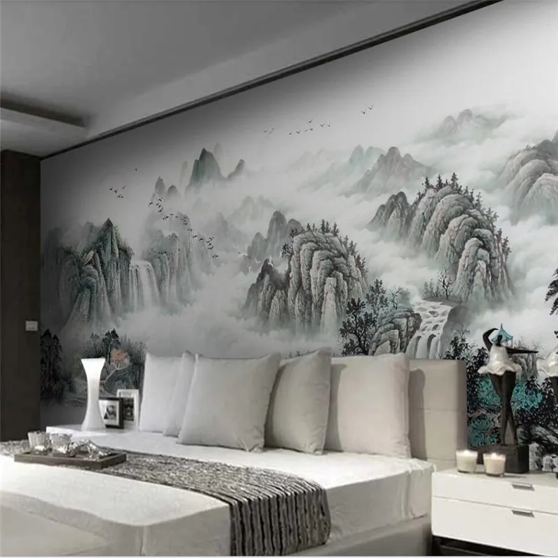 Professional custom artistic mood abstract ink landscape landscape living room background wall-high-grade waterproof material