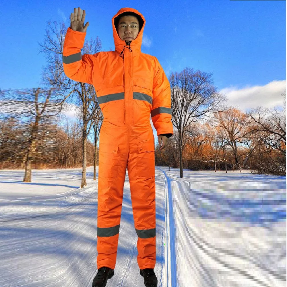 Winter Reflective Hooded Overall Siamese Long-sleeve Coverall Cold Storage Warm Thick Clothes Waterproof Anti Fouling Jumpsuits