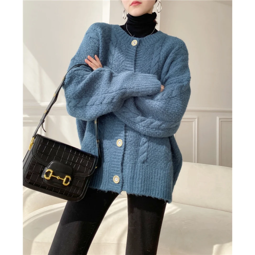 [ZAYAU]Retro Twist Coat Thickened Sweater women's Wool Mohair Blended Autumn and Winter New Lazy Loose Thick Knitting