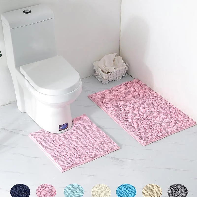 

2ps-set Shaggy Chenille Bathroom Mat Set Absorbent And Machine Washable Fit Toilet Bathtub Living Room Door Bathroom Foot Floor