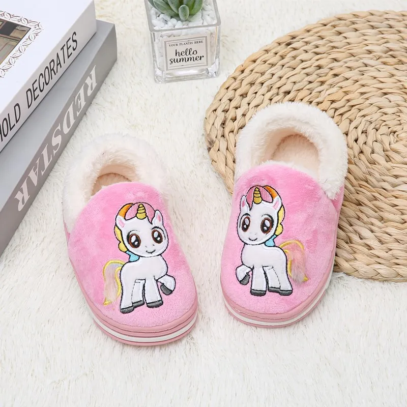 Cute Cartoon Unicorn Children Plush Slippers Soft Sole Non-slip Winter Warm Baby Boys Girls Indoor Home Heel Wrap Cotton Shoes