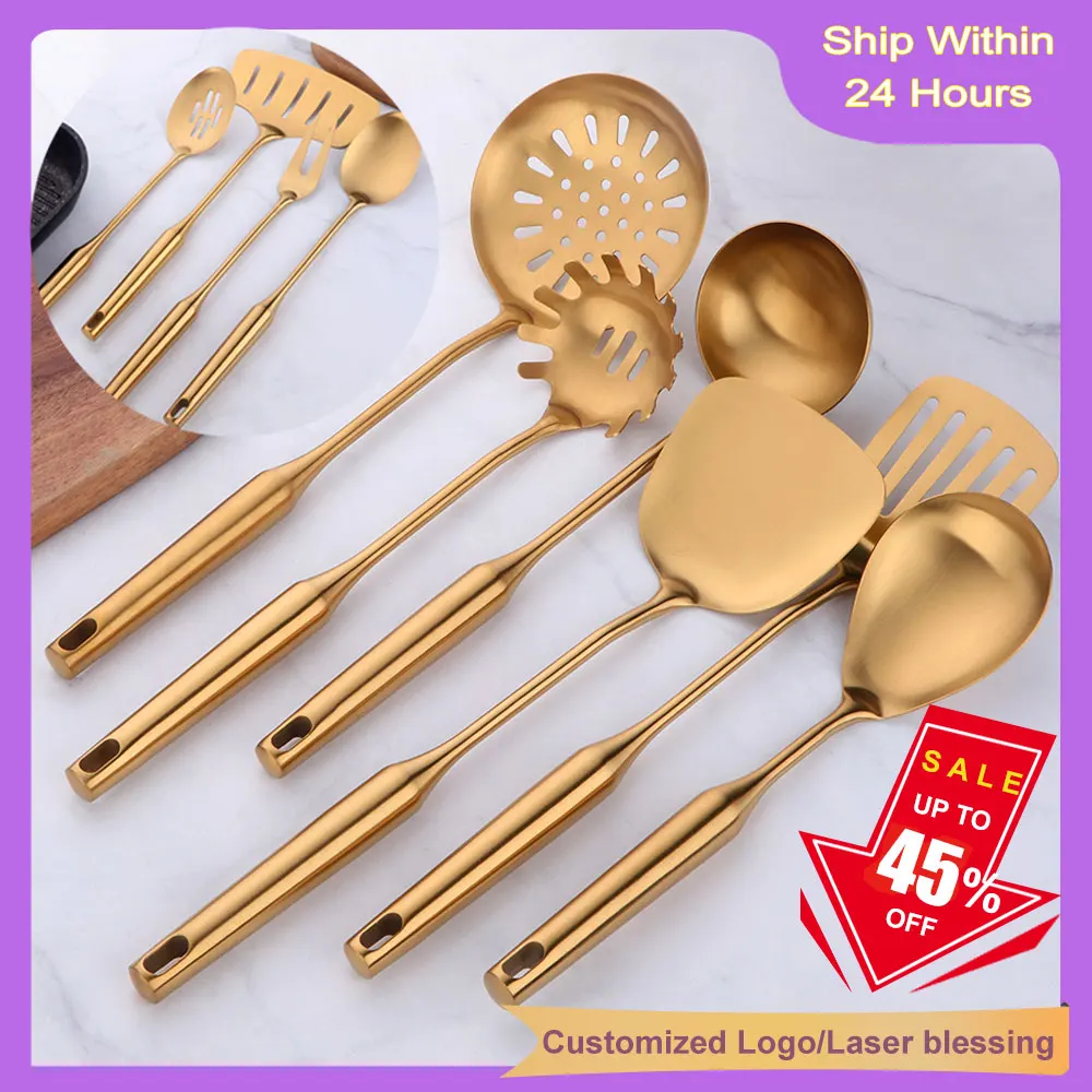 Gold cookware Stainless Steel Cooking tools spatula Shovels Turner Ladle Spoon Colander Filter Potato Mashers Kitchen Utensils