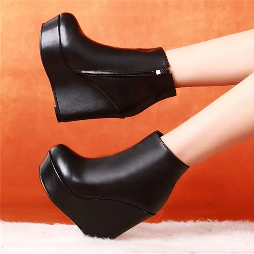 

Party Platform Shoes Women's Leather Ankle Boots Wedge Increasing Height Round Toe Oxfords High Heels 35 36 37 38 39 34