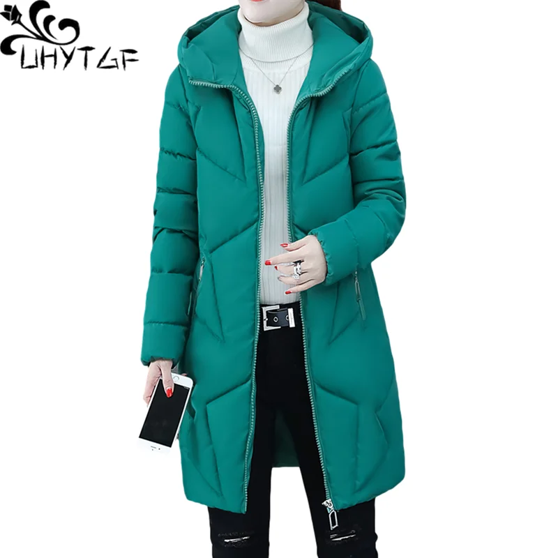 UHYTGF Mid-Length Winter Coat Women Quality Down Casual Warm Overcoat Hooded Cold-Proof Lightweight Parker Jacket Female 1180