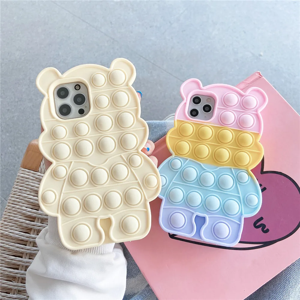 Reliver Stress Fidget Toy Push Bubble Case for iPhone 6 6s 7 8 Plus X XR XS 11 12 Pro Max SE Cartoon Bear Game Cover Kids