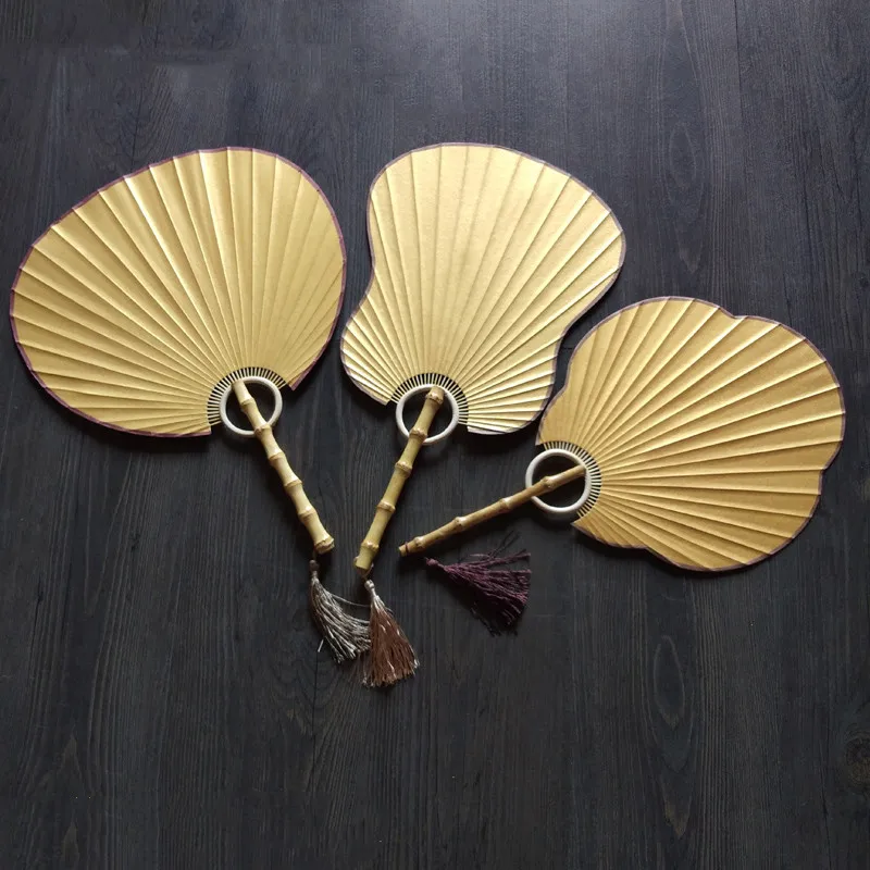 Gold DIY Rice Paper Blank Fan Traditional Craft Chinese Hand Fan Vintage Bamboo Root Lantern Begonia Banana Round Fan