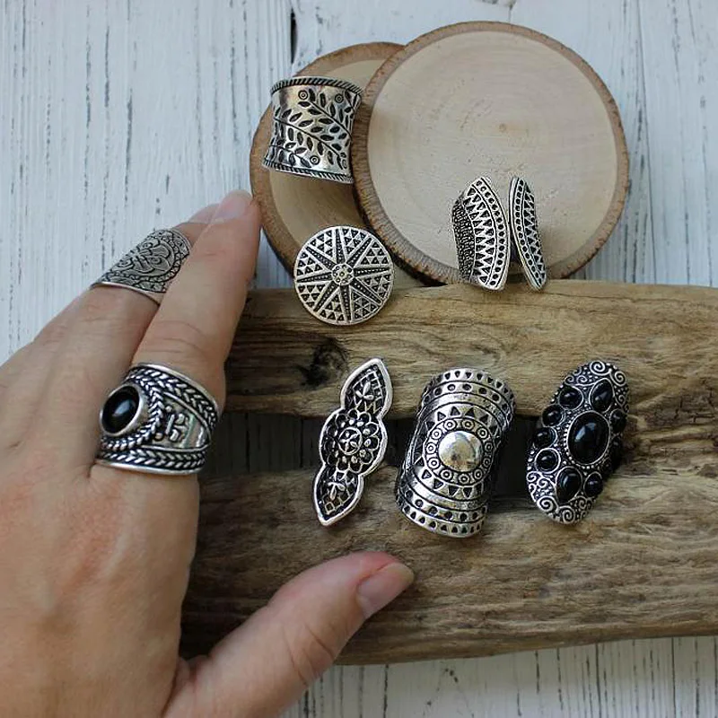 8PCS Women Vintage Rings Antique Silver Plated Carve Hollows Setting Opal Black Agate Bohemian Ethnic Style Ring Jewelry