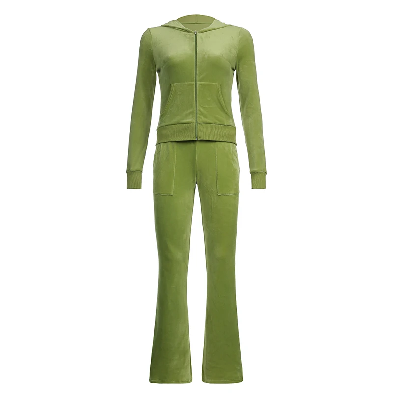 Darlingaga Vintage Fashion Green Velour Autumn Tracksuit Women Zip Up Hoodie and Pants Suits Two Piece Set Workout Solid Outfits