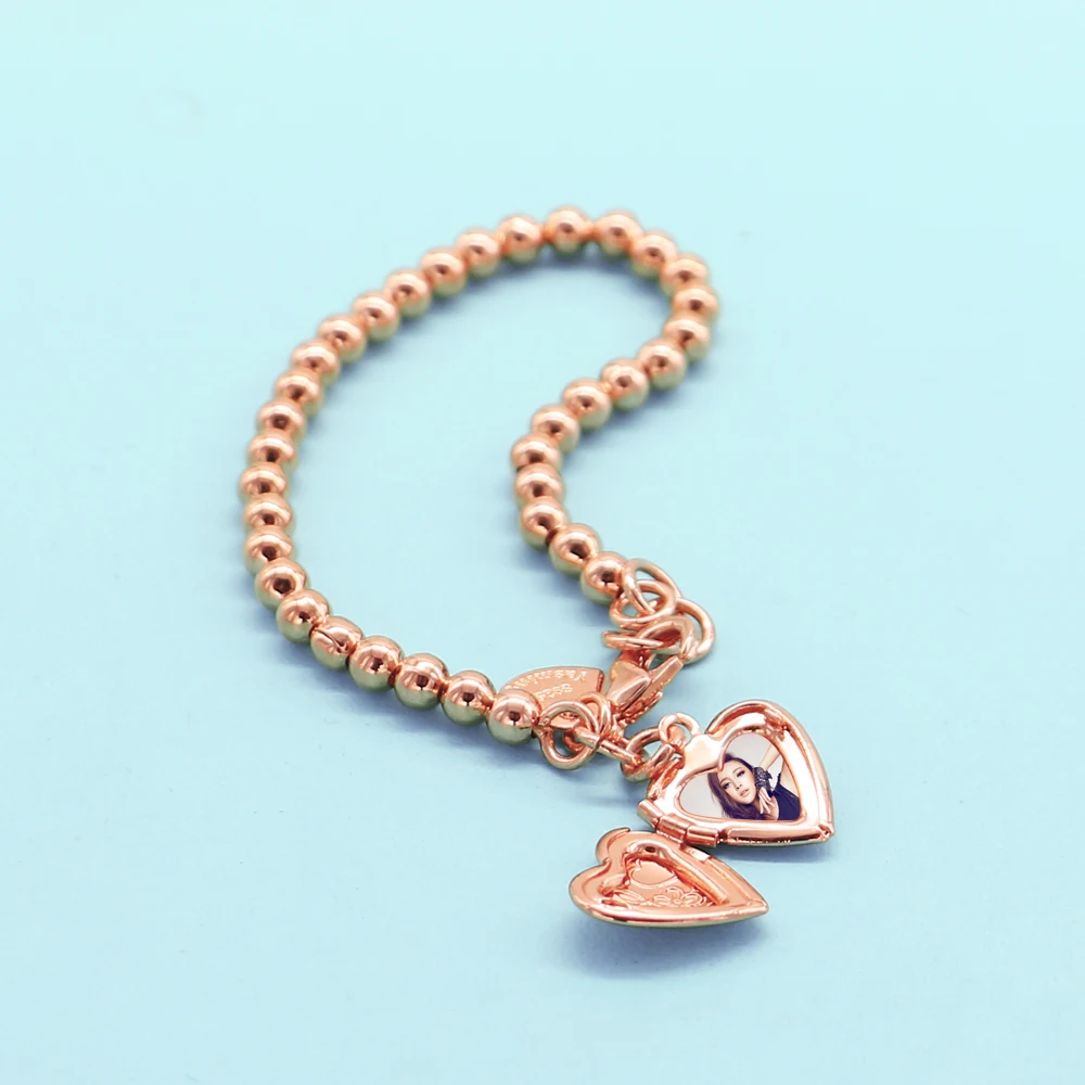 

925 Sterling Silver Chain Bracelet for Women with Make Photo Heart Box Pendant Trendy Beads Cuff Bangle - Jewelry Gift