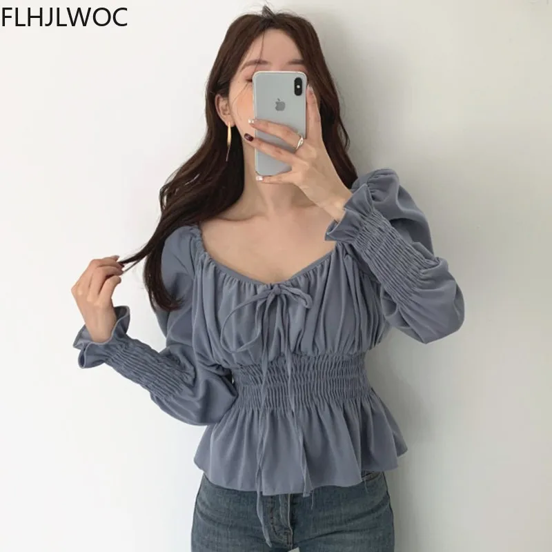 Chic Korea Off Bahu Tops Blusas Wanita 2021 Musim Semi Solid Warna Dasi Pinggang Tipis Garis Perut Peplum Pendek kemeja Blus