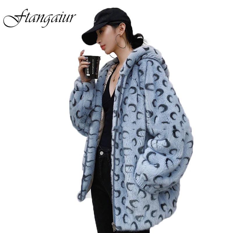 Ftangaiur New Winter Import Velvet Mink Fur Coat With Fur Hood Print Moon Mink Coat Women Medium Natural Real Mink Fur Coats