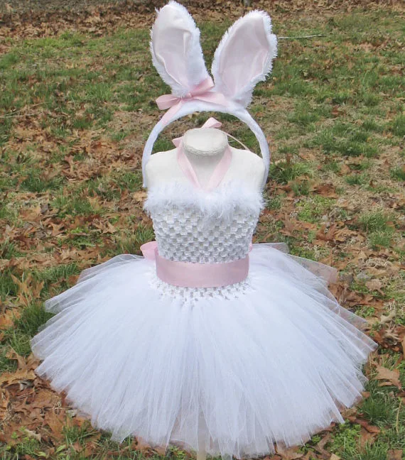 Lovely Baby Easter Tutu Dress Girls White Rabbit Feather Dress with Pink Ears Hairbow Kids Birthday Party Cartoon Costume Dress