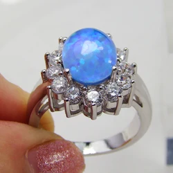 Women Brass Oval Simulated Blue Opal Ladies Ring Band