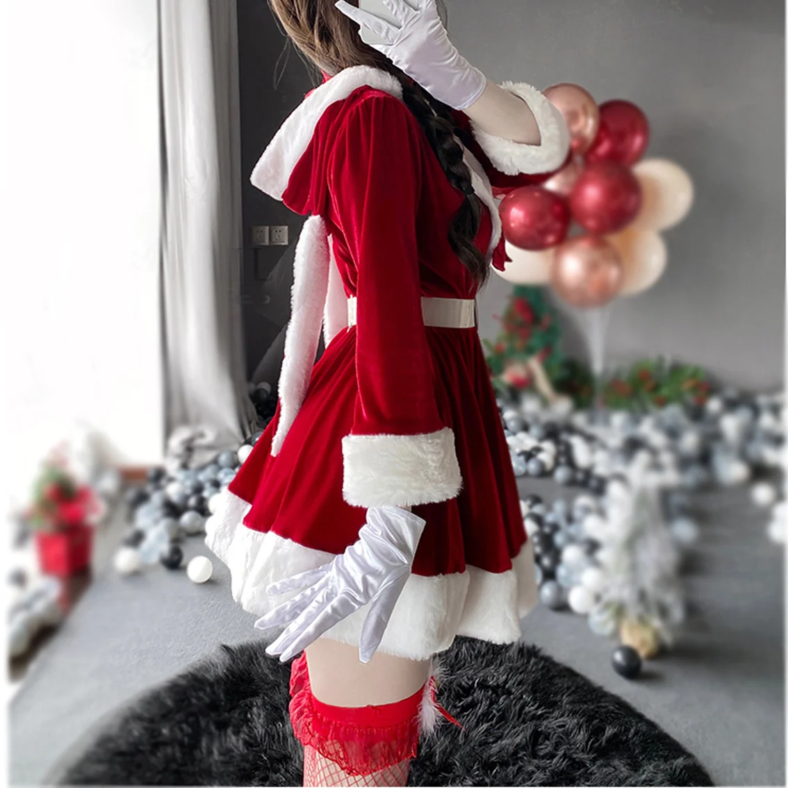 2021ผู้หญิงคริสต์มาส Xmas Lady Santa Claus ชุดคอสเพลย์ผู้หญิงเซ็กซี่ชุดชั้นในฤดูหนาวแขนยาวเดรสสีแดงแม่บ้านกระต่ายชุดนักเรียนผู้หญิง