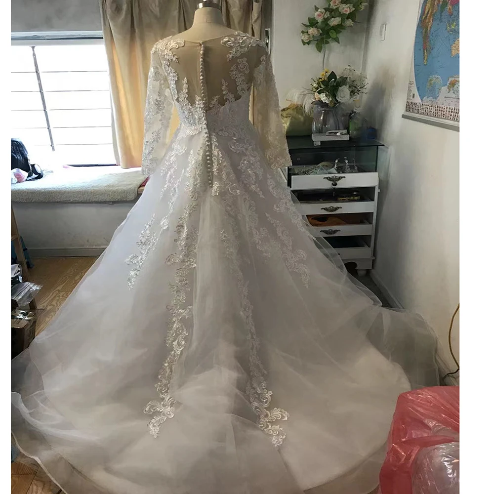 2021 MYYBLE Wedding Dress New Ball Gown Wedding Dress Button Long Sleeves Appliques Pattern Customer Made Size Vestido de novia