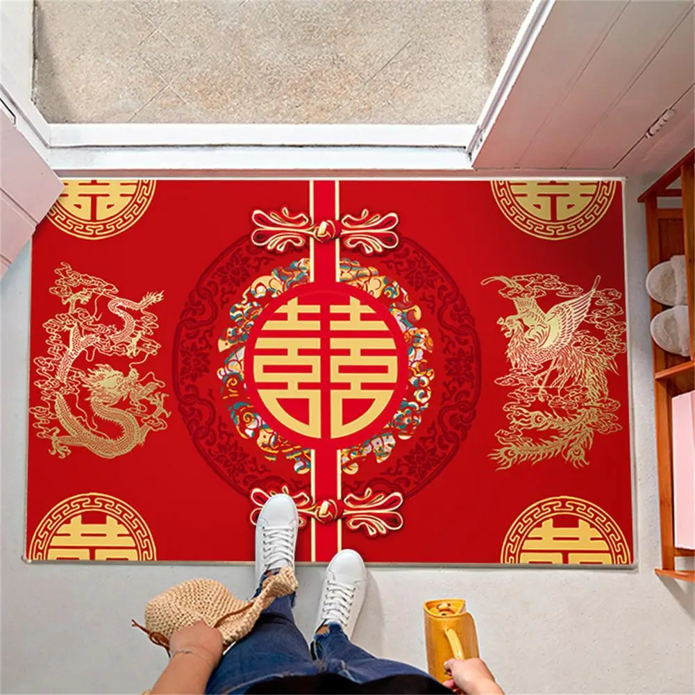 Double Happiness Floor Mat Non Slip Polyester Fadeless Washable Door Mat for Bedroom