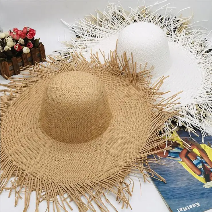 

2024 Summer paper straw hat big brim raw edge hat for women sun beach hat high quality popular nice cool flat top women's hat