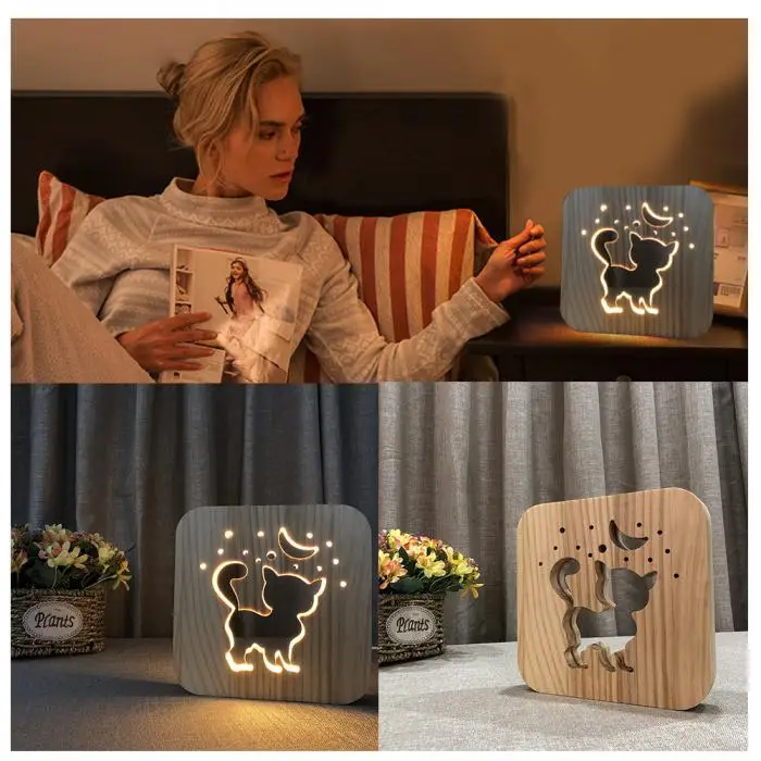 Home bedroom new 3D kitten wooden table lamp LED USB charging station night light Drop shipping