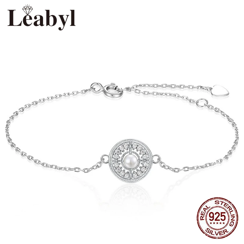 

Leabyl Shinny White Zircon Round Pearl Charm Bracelet for Women Girlfriend Gift Real 925 Sterling Silver Chain Link Bracelet