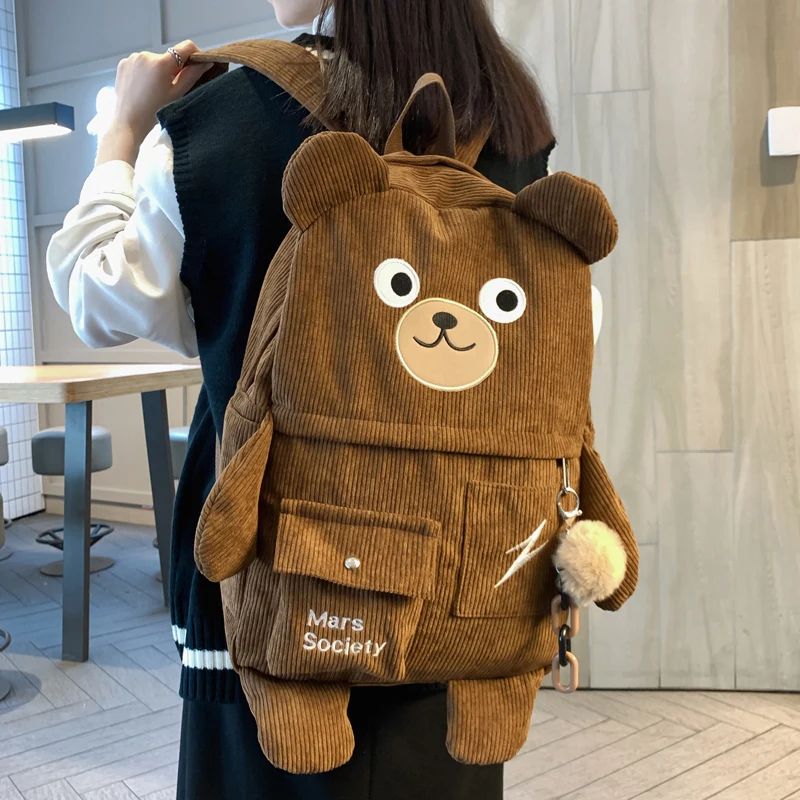 2021 New Cartoon Bear Corduroy Women Backpack Female Cute Stripe School Bag Luxury Embroidery Travel Backpacks For Teenage Girls