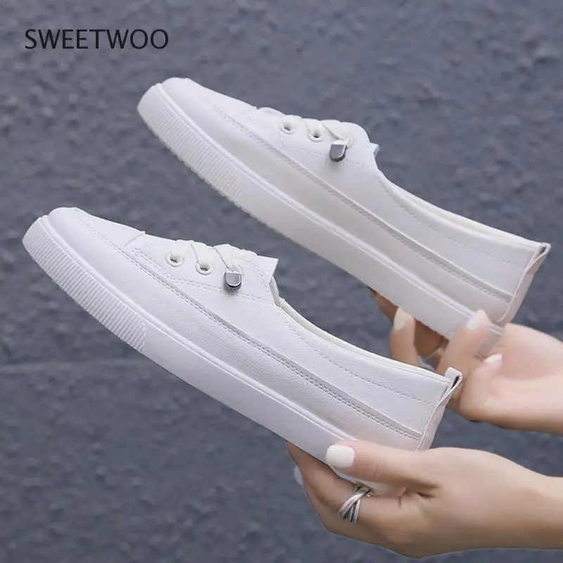 2021 Low platform sneakers women shoes female pu leather Walking sneakers Loafers White flat slip on casual shoes