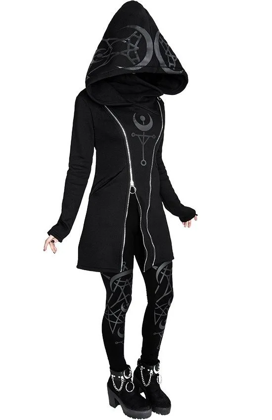 5XL Plus Size Halloween Medieval Women\'s Punk Style Print Long Sleeve Hooded Double Zipper Hoodies Long Black Hoodie