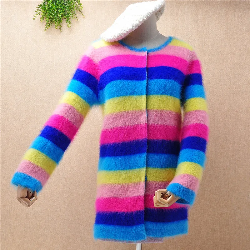 female women fashion hairy rainbow striped angora rabbit fur knitted long sleeves slim cardigans angora rabbit fur jacket coat