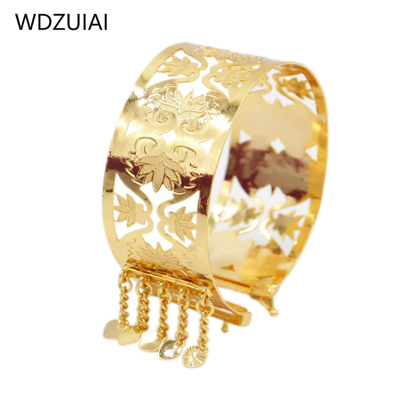 WDZUIAI Lotus Design Gold Color Tassels Cuff Bracelet For Ethiopian African Arab Women Girls Child Bangle Jewelry Party Gifts